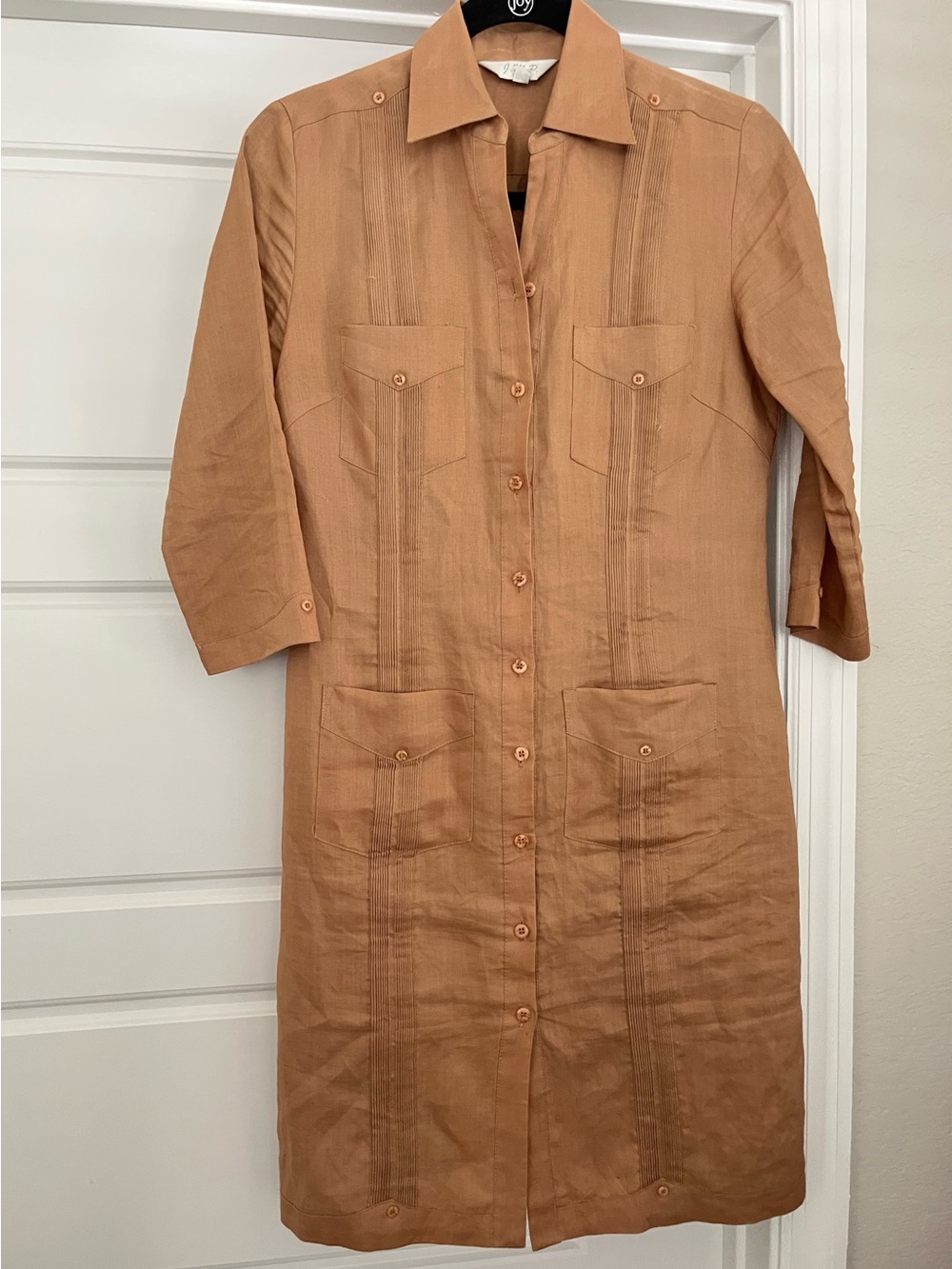 Vintage JMP Tan Button-Front Linen Shirt Dress S